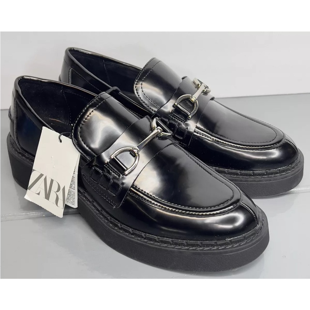 Zara Womens Patent Leather Buckle Loafers Black Slip On Sz 7.5/EU38 New W/Tag